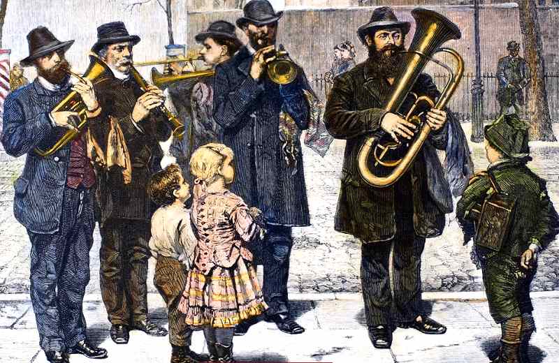 Kinder hören Deutsche Volkslieder in New York Eine deutsche Straßen-Band in New York, die auch Volkslieder spielt. Nach einem Gemälde von John Georg Brown, 1879,